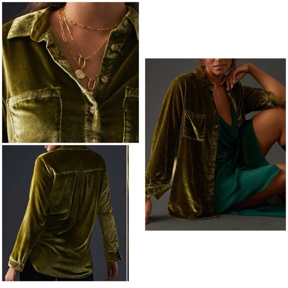 Pilcro Anthropologie Relaxed Velvet Green Mustard Buttondown Shirt Sz M - Picture 10 of 13